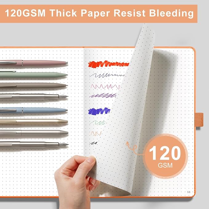 AHGXG Dotted Journal Notebook, 160 Numbered Pages, A5 Medium Size (5.7'' x 8.3''), 120 GSM Thick Paper, Leather Hardcover, for Journaling, Planning, Tracking (Orange)