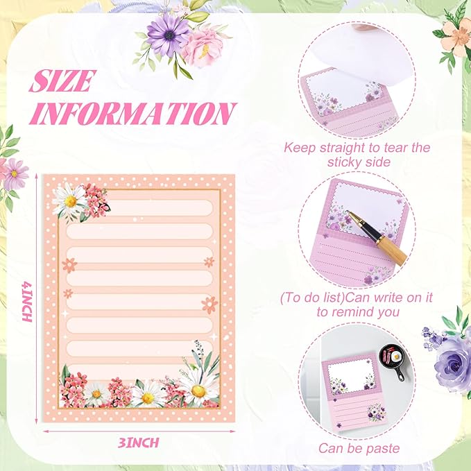 12 Pads Cute Sticky Notes Flower Sticky Notes 3 x 4 Inches Colored Adhesive Memo Reminder Decor Floral Memo Pads Flower Notepads for Journal Office Birthday Gifts