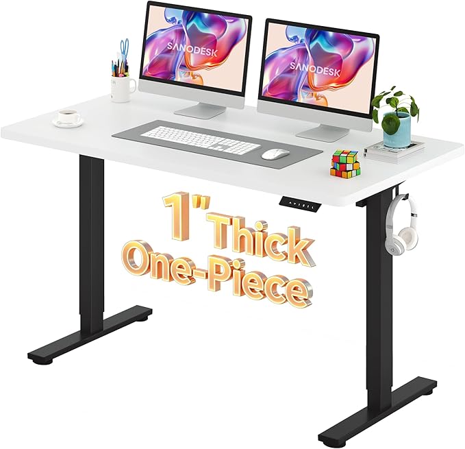 SANODESK Electric Standing Desk 55 x 28 Inches Whole-Piece Desktop Height Adjustable Stand Up Desk w/6-Button Controller Ergonomic Computer Desk for Home Office, Black Frame + White Tabletop