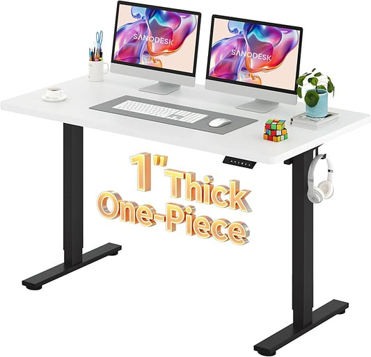 SANODESK Electric Standing Desk 55 x 28 Inches Whole-Piece Desktop Height Adjustable Stand Up Desk w/6-Button Controller Ergonomic Computer Desk for Home Office, Black Frame + White Tabletop