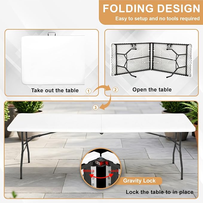 FDW 8FT Plastic Folding Table, Portable with Carrying Handle Perfect for Indoor, Outdoor, Party, Dining, Wedding, Events, Camping, White