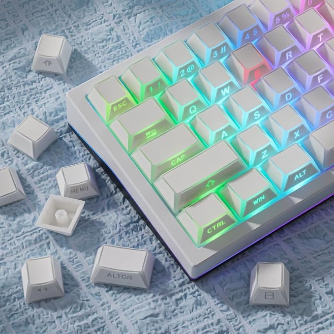 Hyekit White PBT Shine Through Keycaps, Cherry Profile Side Print RGB Backlit Keycaps for Mechanical Keyboards, 136 Keys Full Set with Shine Through Edges, Gaming Office Typing Custom Keycaps