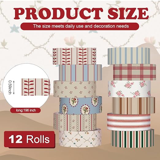 12 Rolls Watercolor Floral Washi Tape Set 15 mm Vintage Flower Decorative Masking Tape for Summer School Arts DIY Craft Scrapbook Journal Supplies Gifts(Retro,Mixed Pattern)