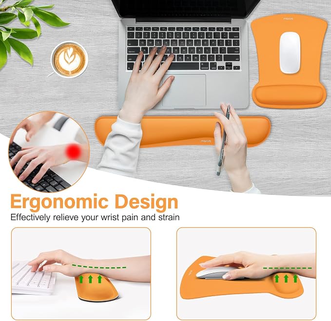 MOSISO Wrist Rest Support for Mouse Pad & Keyboard Set, Ergonomic Mousepad Non-Slip Base Home/Office Pain Relief & Easy Typing Cushion with Neoprene Cloth & Raised Memory Foam, Orange
