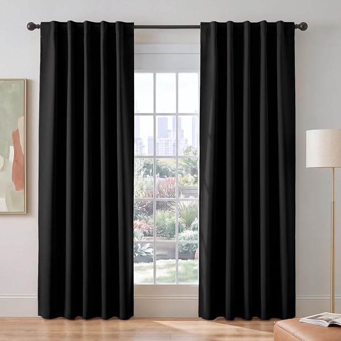 PONY DANCE Black Blackout Living Room Curtains 84 inches Long - Back Tab Thermal Insulated Black Out Window Drapes for Bedroom, Room Darkening Sliding Door Curtains 2 Panels Set, W42 x L84
