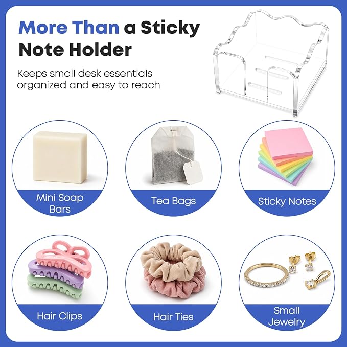 Scalloped Acrylic Sticky Note Holder - 2 Pack Clear Cute Notepad Holder, 3x3 Inch Wave Design Post It Dispenser Desk Organizers for Office & School