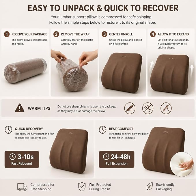 Lumbar Support Pillow for Car, Ergonomic Memory Foam Back Cushion for Driving Comfort, Breathable Lower Back Support for Car Seat, Truck, SUV & Office Chair (Grey)