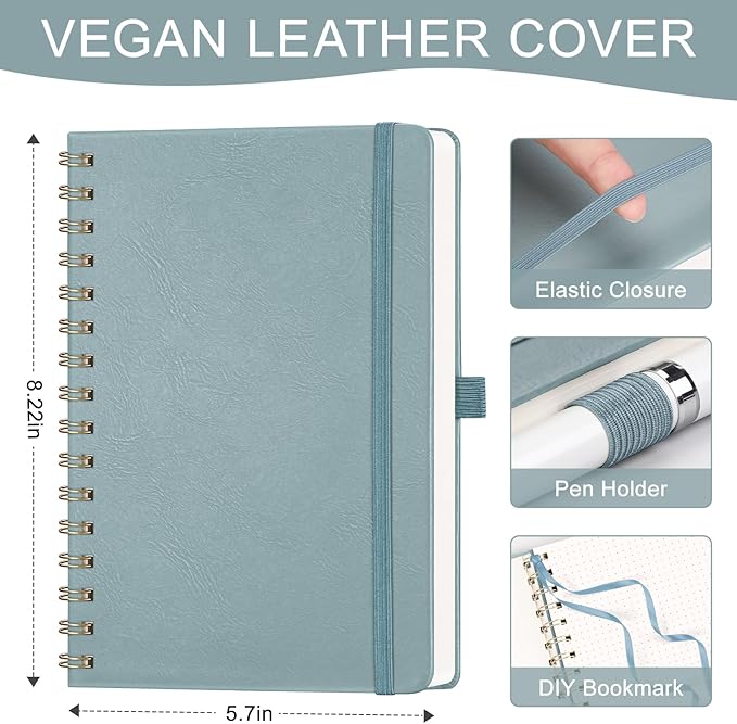 AHGXG Dotted Journal Spiral Notebook, Hardcover Leather Dotted Notebook 140 Pages, A5 Dot Grid Paper Notebook, 100 gsm Thick Paper, for Dotted Journaling, 5.7" x 8.3", Gray Blue