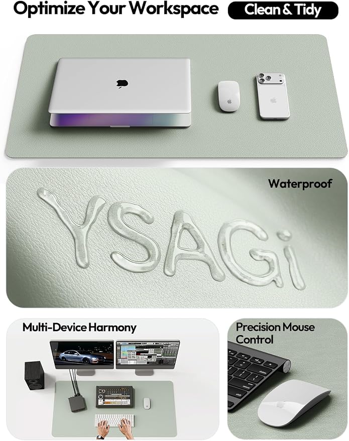 YSAGi Leather Desk Pad Protector, Office Desk Mat, Large Mouse Pad, Non-Slip PU Leather Desk Blotter, Laptop Desk Pad, Waterproof Desk Writing Pad for Office and Home (Grayish Green,55" x 24")