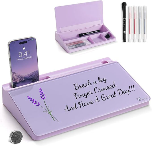 TOWON Small Compact Glass Desktop Whiteboard with Storage – 12 x 7 in Dry Erase Board for Desk, Home Office, School | Includes 5 Markers, Eraser & Holder | Space-Saving Organizer, Aesthetic Lavender