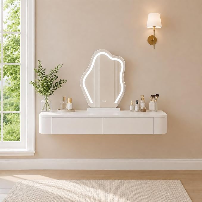Floating Makeup Vanity Desk with Drawers Wall Mounted Makeup Table with Storage Fully Assembled Floating Vanity Desk Space Saving Modern Dressing Table for Bedroom Closet(White,55.1")