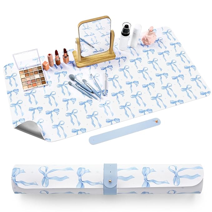 Teenyyou Coquette Bow Makeup Mat for Vanity Top Protector Back to School Gift 31.5" X15.7" Dual Side Leather Desk Mouse Pad Girly Waterproof Nonstick Dressing Vanity Cover for Women Home Office