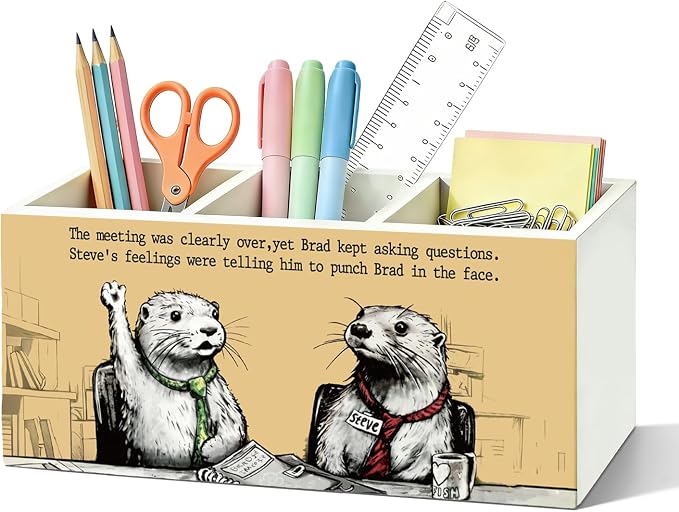 Funny Otter Pen Pencil Holder for Desk, Otter Gifts for Women Men, Office Humor Gifts for Coworkers Wooden Box Sign Organizer for Office Workplace Desk Accessories Tabletop Decorations