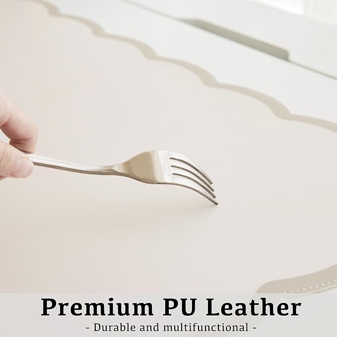 Scalloped Desk Mat, 23.6" x 11.8" Cute Small Beige Sand Aesthetic Desk Accessories, PU Leather Computer Laptop Desk Mouse Keyboard Pad, Desk Writing Mat for Vanity/Work/Home Decor