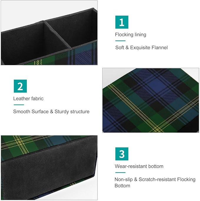 Tartan PU Leather Pen Holder Desk Organizer, 2-Compartment Pencil Container for Office, Home, Vanity Use