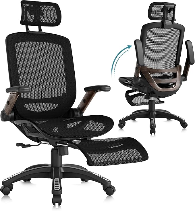 Ergonomic High-Back Office Chair with Footrest – Flip-Up Arms, 3D Headrest, 135° Recline, and Wide Mesh Seat with Lumbar Support. Rolling Swivel Task Chair for Gaming or Work, Sturdy, 300 LBS.