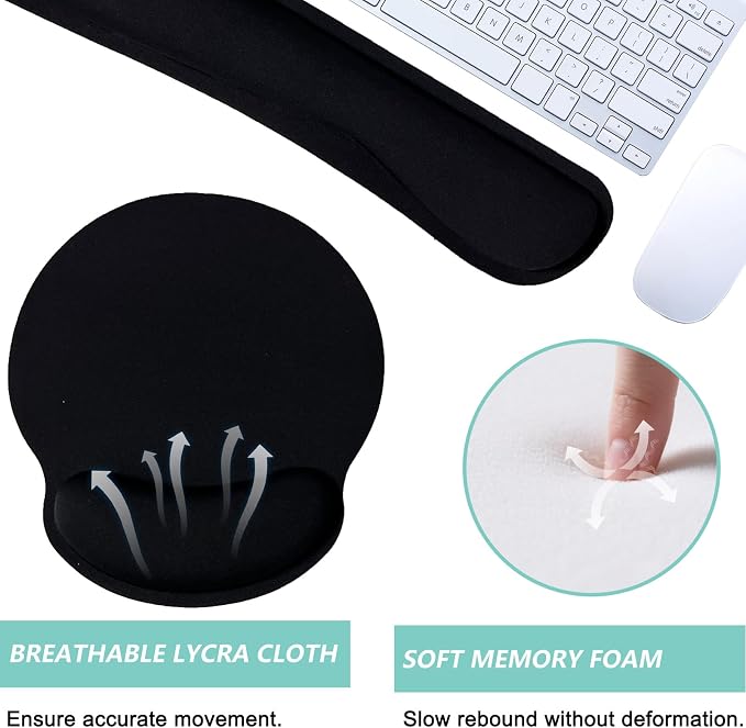 Keyboard Wrist Rest Pad Mouse Pad with Wrist Support Set of 3, Mousepad with Non-Slip Rubber Base, Ergonomic Memory Foam Mouse Wrist Cushion Support for Home Office Laptop Computer Gaming, Black
