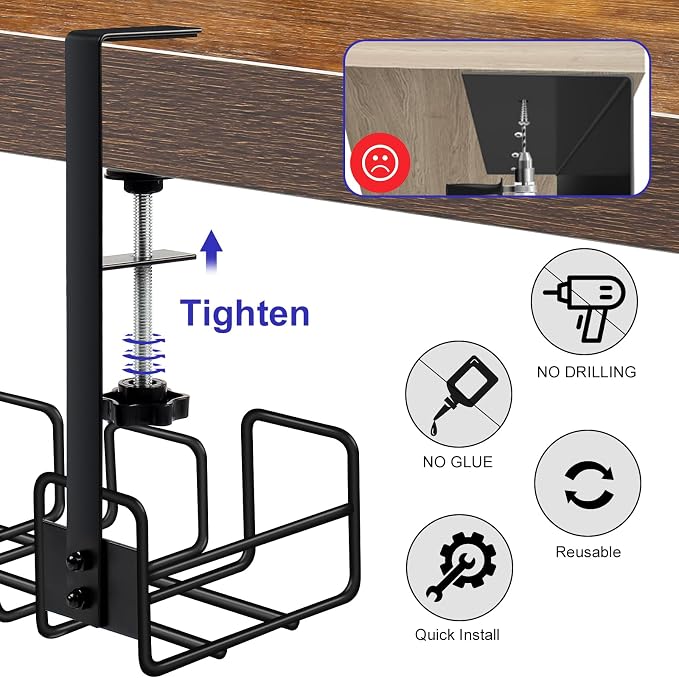 OneLeaf Under Desk Cable Management Tray - No Drill Wire Management Rack | Metal Cable Organizer Tray with Clamp, Under Desk Cord Management Storage Basket, Desk Accessories with Cable Organization