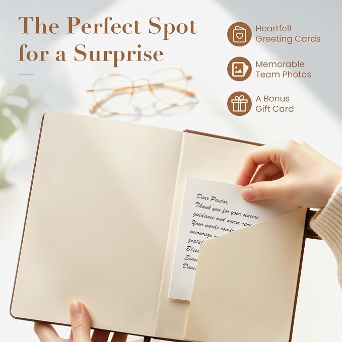 Pastor Appreciation Gift-A5 Leather Christian Church Notebook Bible Journal | Premium PU Leather, Handy Front Phone Pocket, Custom Engraved Pen, Ink-Proof 100GSM Paper, 180° Lay-Flat