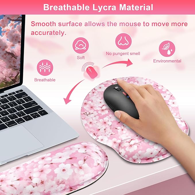Pink Cherry Blossom Mouse Pad with Wrist Rest and Keyboard Wrist Rest Set, Sakura Floral Ergonomic Memory Foam Mouse Pad Set for Women, Girls, Office, School