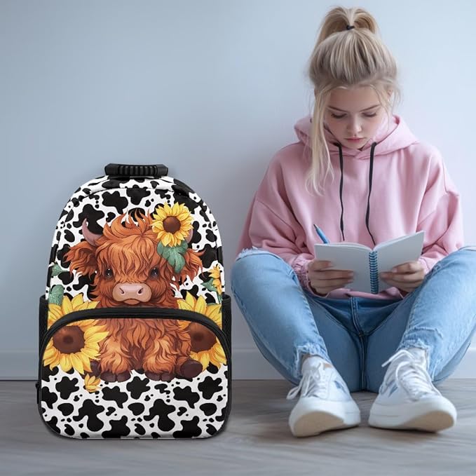 ZFRXIGN Highland Cow Kids Backpack for Boys Bookbag with Cute Pendant 17inch Elementary School Girls Bag and Insulated Lunch Box Portable Pencil Case Cow Print