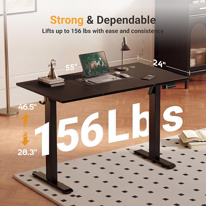 YDN Electric Standing Desk, 55x24 Inch, Black | 3 Memory Presets, Cable Management, Adjustable Height, Sit Stand, Computer Workstation, Home Office