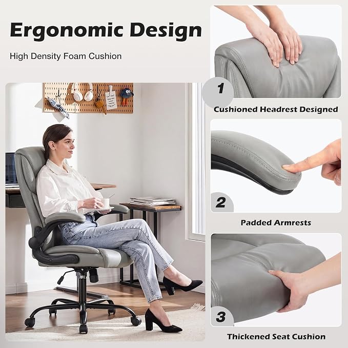 DUMOS Office Chair Set of 2 - Ergonomic Executive Computer Desk Chairs with Adjustable Flip-up Armrest, Swivel Task Chair with Lumbar Support, Strong Metal Base, PU Leather, Grey