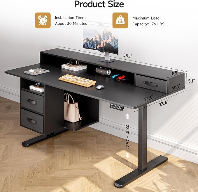 ONBRILL Standing Desk with Drawers, 55x24 Inch Electric Stand Up Desk with 3 Drawers and Open Storage Shelf, Adjustable Height 28-46 Inches for Home and Computer Workstation, Black