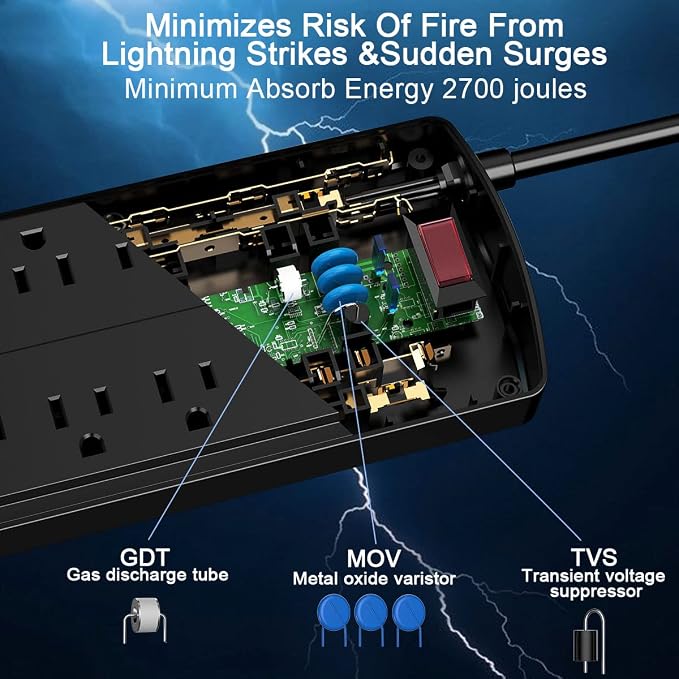 10 Feet Surge Protector Power Strip - Nuetsa Extension Cord with 8 Outlets and 4 USB Ports, Flat Plug, 2700 Joules, for Home, School, College Dorm Room, and Office, ETL Listed, Black