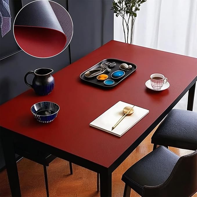 Leather Table Cover,1.8mm Thick,24x48 Inch,Table Protectors for Rectangle,Waterproof Desk Pad, Scratch - Resistant Craft Mat for Dining Table, Office Desk and Art Station(Black+Wine Red)