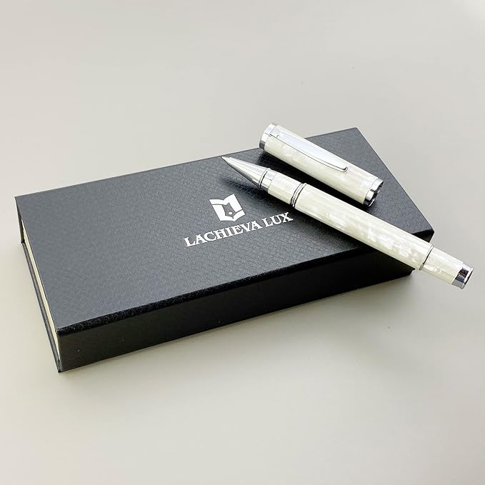 LACHIEVA LUX Elegant Mother of Pearl Rollerball Pen with German Refill, Premium Gift Set for Men, Women & Professionals (Pearl White)
