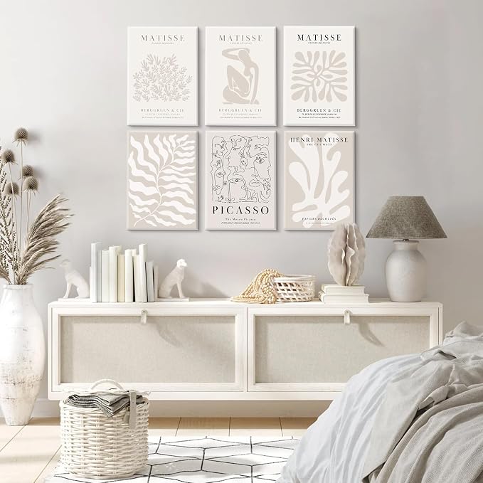 Henri Matisse Wall Art Prints Flower Abstract Canvas Pictures Aesthetic Beige Wall Art Decor Matisse Picasso Poster Gallery Vintage Painting Artwork for Bedroom 8x10 Inch Set of 6 Ready to Hang