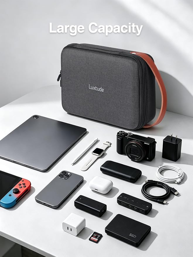Large Electronics Organizer Travel Case for Chargers and Cords, Hard Case for Electronics, Travel Essentials for Chargers/Mouse/USB Drives/SD Cards, Tech Gifts (Case Only)