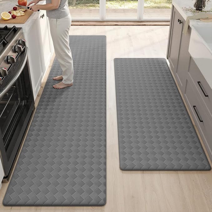 Color&Geometry Checkered Kitchen Mat 24x59+24x94 for Floor,Wide Set/2,Grey | Waterproof&Oil Proof, Easy Clean Kitchen Rug For Large/Busy Homes, Anti Fatigue 0.4in Cushion For Long Standing, Non Slip