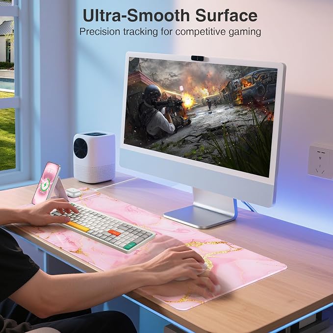 Wireless Charging Mouse Pad with Phone Holder, 31.5"x15.8" in, Pink Marble | Large Desk Mat for Laptop/Keyboard, Waterproof Ultra-Smooth Surface, Non-Slip Base