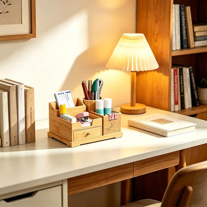 Bamboo Desk Organizer with Drawer & Pen Holder, Office Desk Caddy Storage | Natural Bamboo Wooden Desk Organizers and Accessories with Drawers Multi-Compartment Desktop Storage for Office Home Supplies