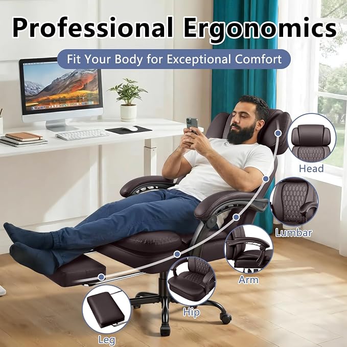 Office Desk Chair with Foot-Rest 400lbs, Heavy Duty Executive Office Chair, Comfy High Back Ergonomic PU Leather Reclining Desk Chair with Lumbar Support, Brown