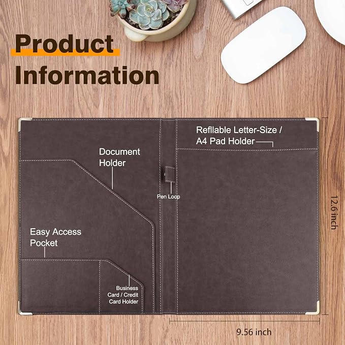 Tiankool Padfolio Portfolio Binder – Thickened Business Folder for Interview Resumes, Legal Documents | Notepad Not Included, Durable, Brown