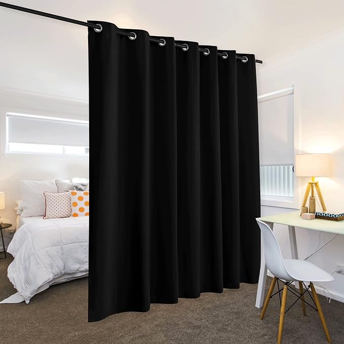 RYB HOME Privacy Curtain for Sliding Glass Door, Light Block Noise Reduce Insulated Curtain Screen Ceiling to Floor for Locker Room Basement Bedroom Closet, 100 inch Wide x 90 inch Long, Black