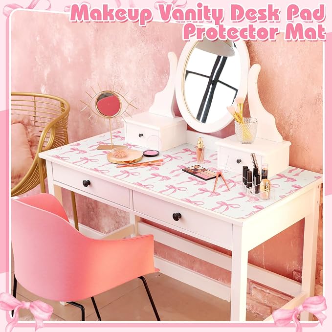 Teenyyou Coquette Bow Makeup Mat for Vanity Top Protector Back to School Gift 23.6" X11.8" Dual Side Leather Desk Mouse Pad Girly Waterproof Nonstick Dressing Vanity Cover for Women Home Office