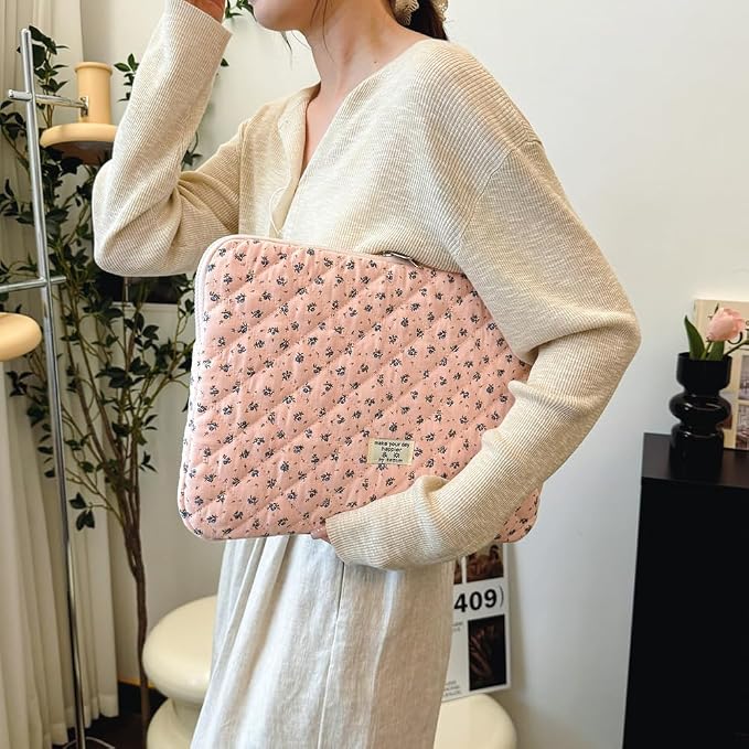 Cute Laptop Sleeve 13-15 inch Laptop Case Aesthetic Quilted Laptop Sleeve Computer Bag with Flower Printing for MacBook (A-Pink, 15inch)