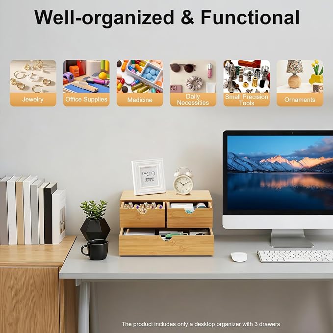3 Drawers Bamboo Desk Organizer, Tabletop Storage Organization Multifunctional Desktop Organizer Office Wooden Drawer Mini Wood Desk Drawers Organizers for Home Office No Assembly Required