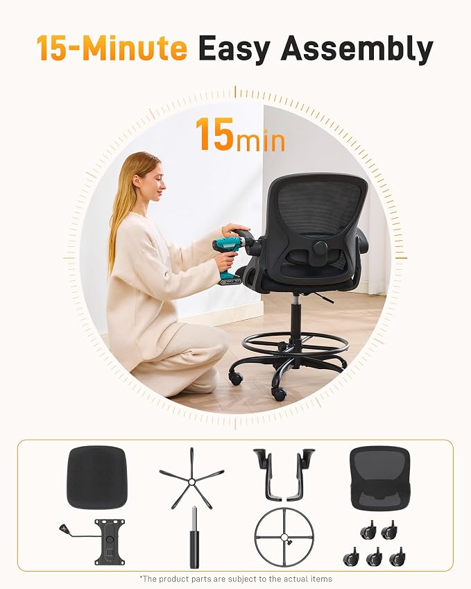LukkDys Drafting Chair with Arms, Tall Office Chair for Standing Desks | Ergonomic lumbar pad, breathable mesh and foot ring support forward-leaning posture for sewing, crafts and daily studio work.