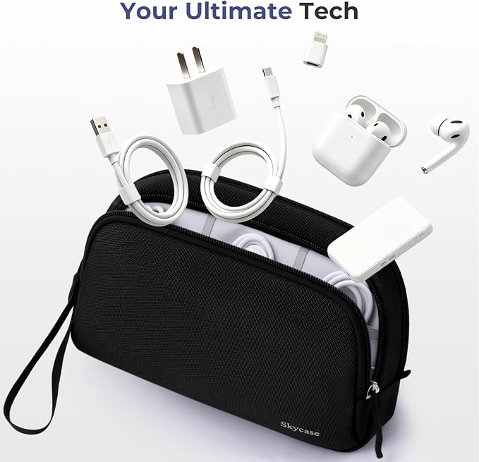 Skycase Travel Cable Organizer - Lightweight Water Resistant Dual-Layer Tech Pouch with Wrist Strap 11 Compartments Electronic Organizer Travel Case for Charger Cord Hard Drive,Large,Black