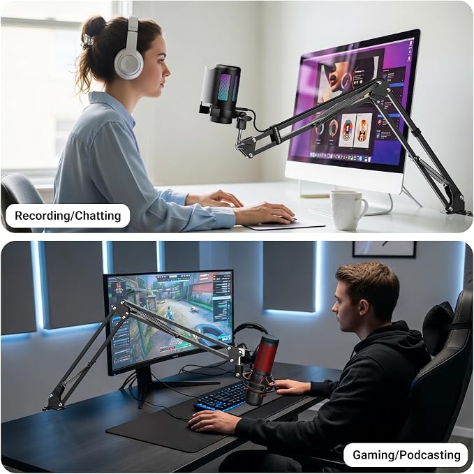 Microphone Arm Stand,Heavy Duty Adjustable Suspension Boom Scissor Microphone Stand with Clamp Clip & 3/8" to 5/8" Adapter and Cable Ties for Podcast, Streaming, Gaming, Recording
