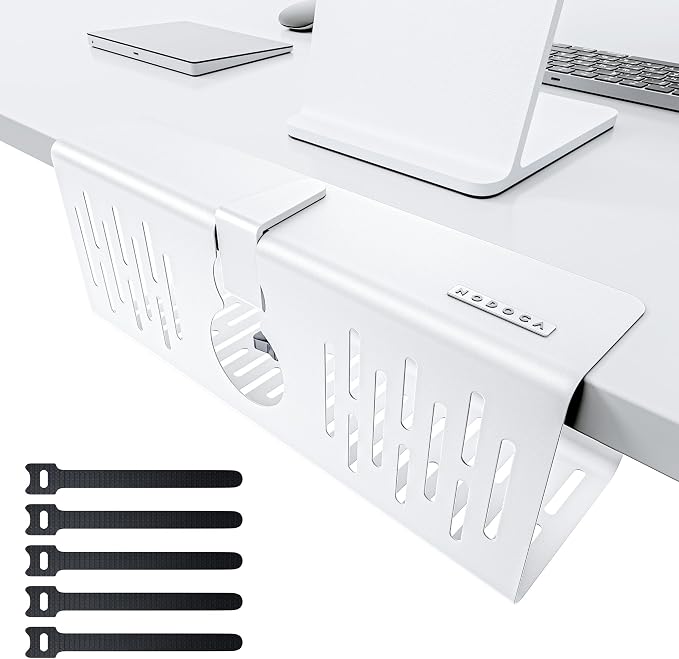 NODOCA No Drill Under Desk Cable Management Tray, 14'' Wire Management, Punch-Free Clamp on, Metal Cable Tray, Wire Organizer, Under Desk Basket for Office and Home, White