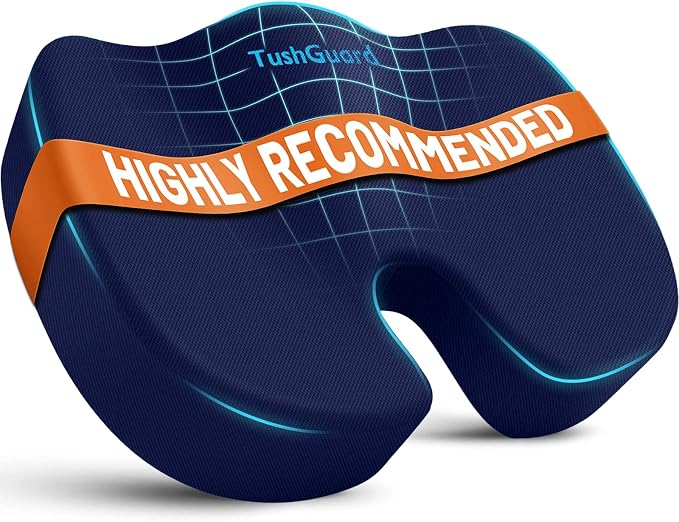TushGuard Seat Cushion for Office Chair, Memory Foam Chair Cushion, Blue | Office Chair Cushion for Car, Airplane - Chair Pad for Long Sitting Sciatica, Hip, Coccyx,Tailbone Pain Relief, Butt Pillow