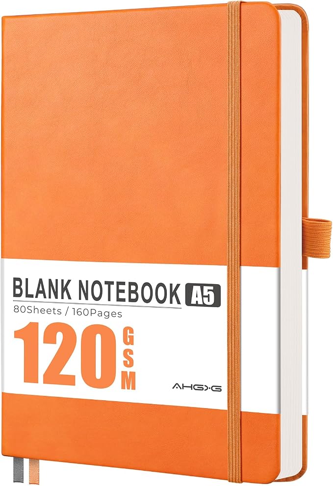 AHGXG Blank Journal Notebook, 160 Pages, A5 Medium Size (5.7'' x 8.3''), 120 GSM Thick Paper, Leather Hardcover, for Sketching, Drawing, Painting (Orange)