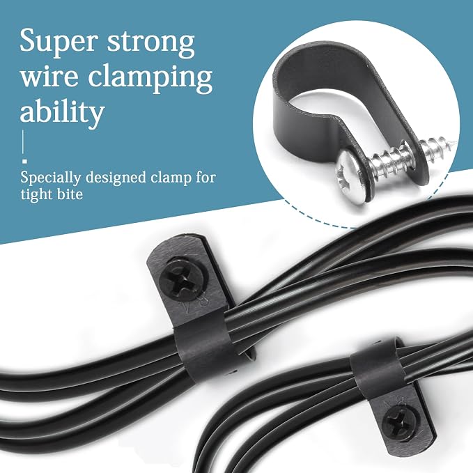 100 Pcs 1/2 Inch Black Nylon Cable Clip Wire Clamp | R-type, 13.2mm, Screw Mounting, Stainless Steel Screws Included, Wire Management