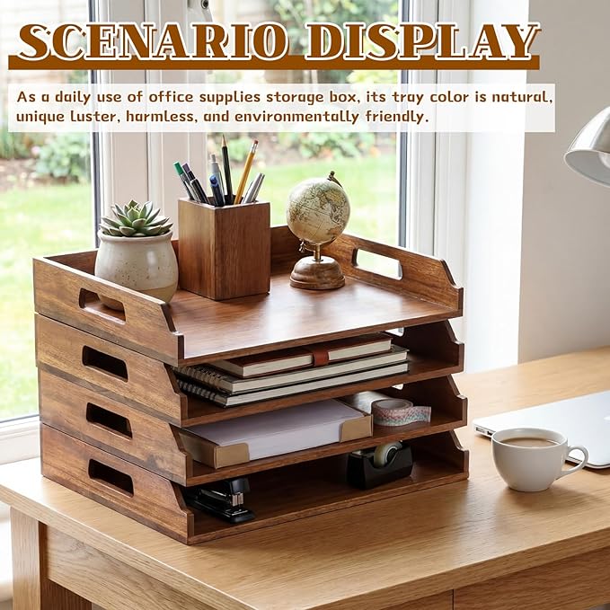 4 Pcs Stackable Paper Tray Bamboo Wood Desk Organizer Letter Tray 4 Tier Wooden File Organizer Desk Shelf for Documents, Letter Sorter, Envelopes and Magazine Holder